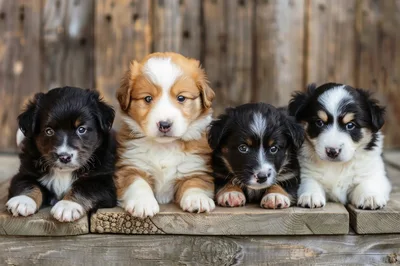 Four Adorable Australian Shepherd Puppies Sitting Together