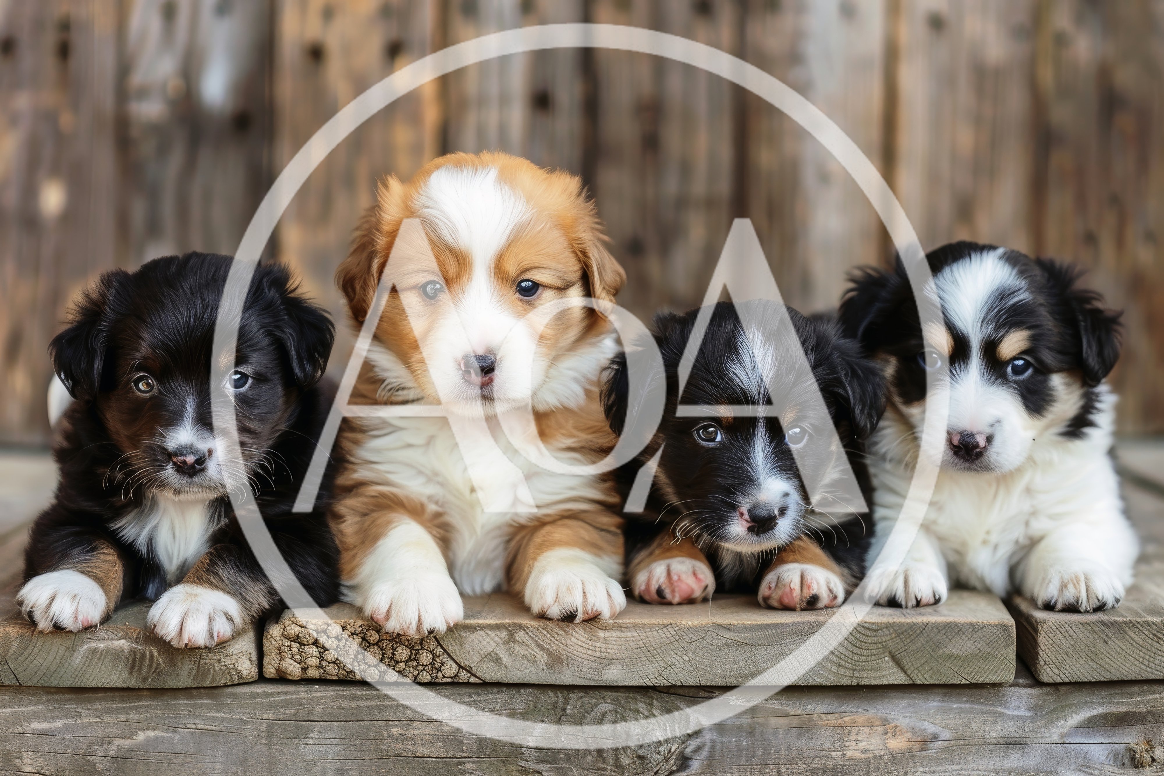 Four Adorable Australian Shepherd Puppies Sitting Together
