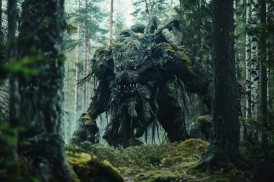 Menacing Tree Monster Standing In A Misty Forest