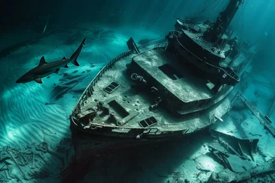 Shark Swimming Near A Sunken Shipwreck Underwater