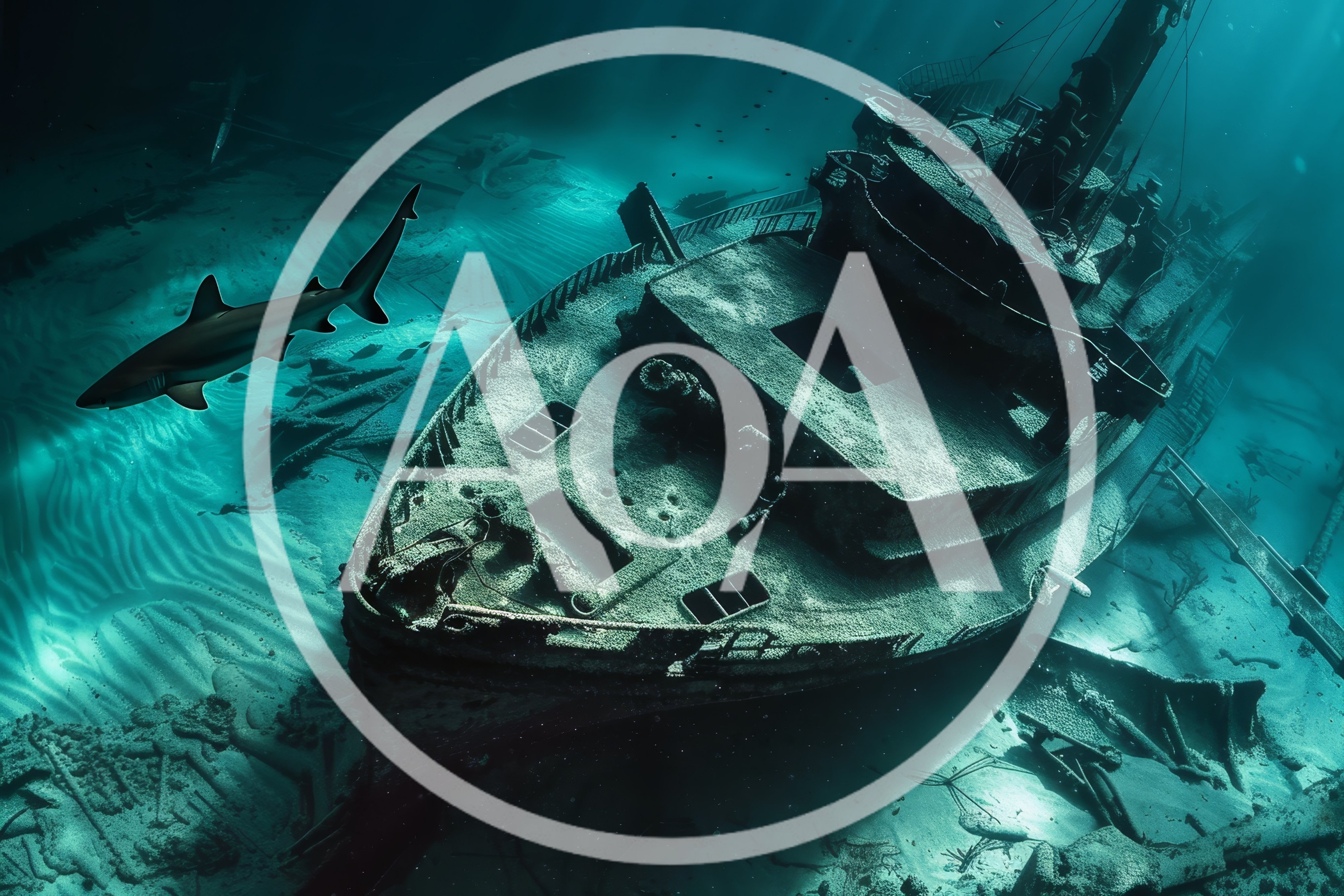 Shark Swimming Near A Sunken Shipwreck Underwater