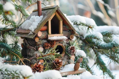 Rustic Wooden Birdhouse Covered In Winter Snow