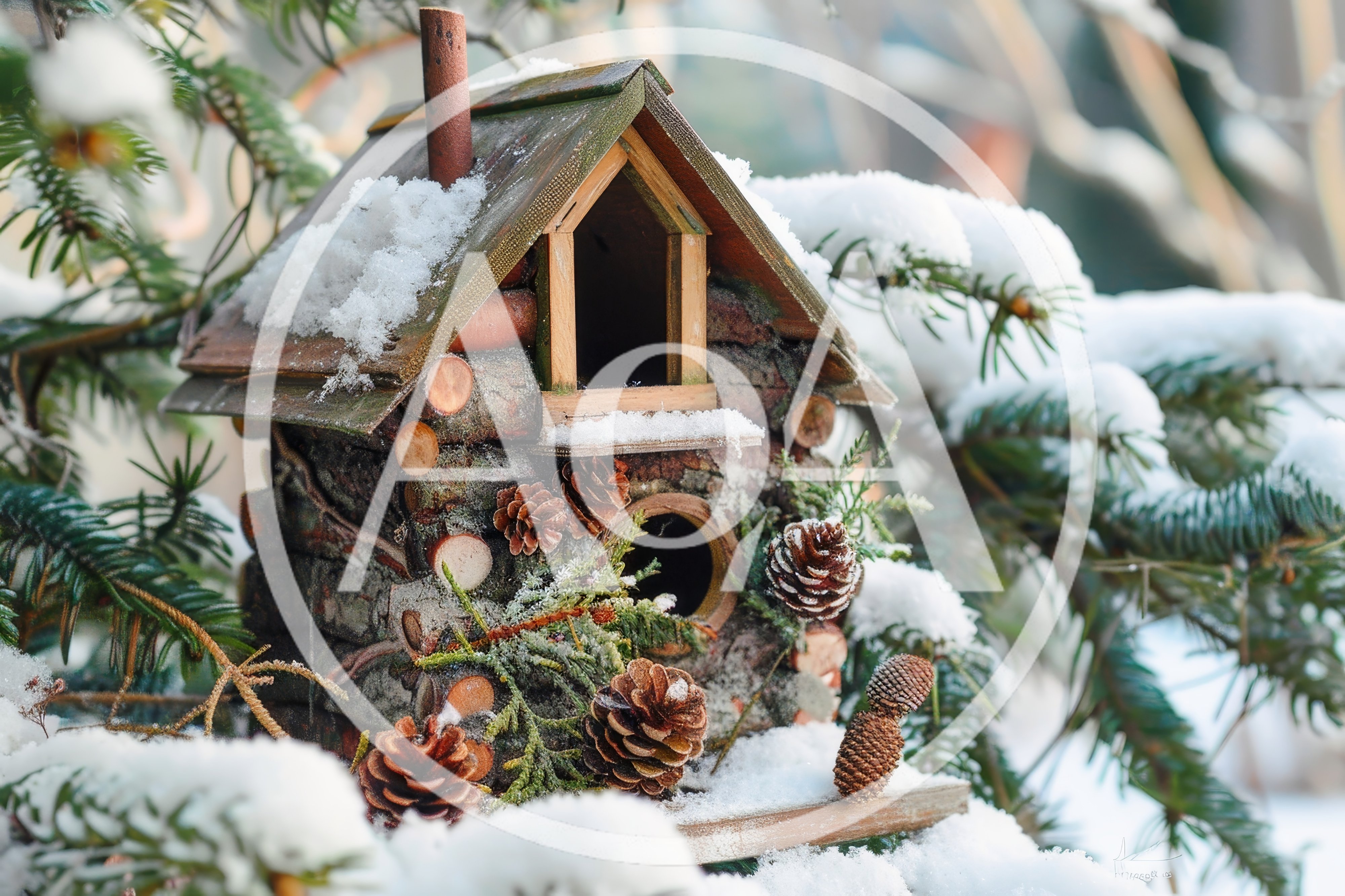 Rustic Wooden Birdhouse Covered In Winter Snow