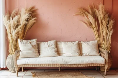 Bohemian Rattan Sofa With Pampas Grass Decor