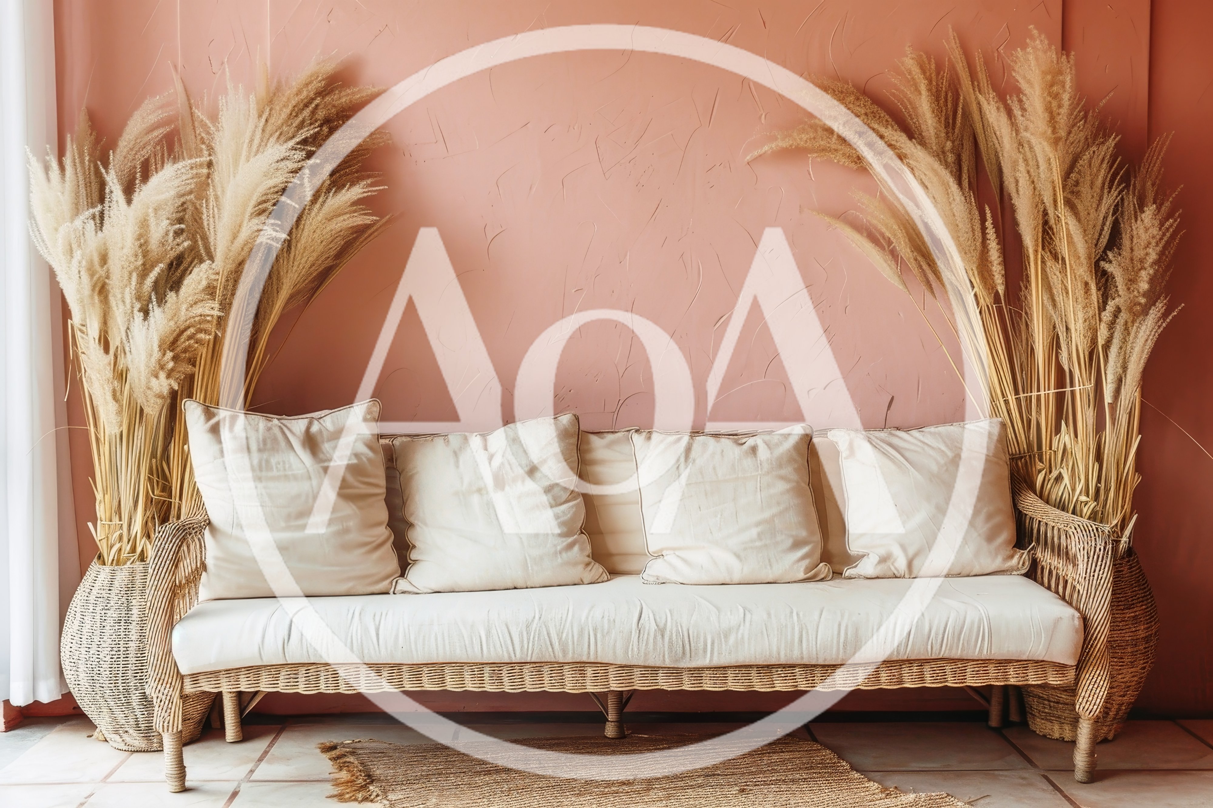 Bohemian Rattan Sofa With Pampas Grass Decor