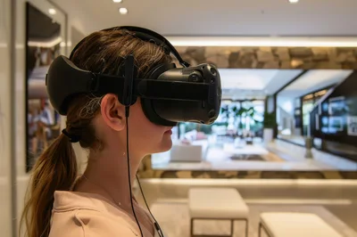 Young Woman Wearing Virtual Reality Headset In Modern Interior