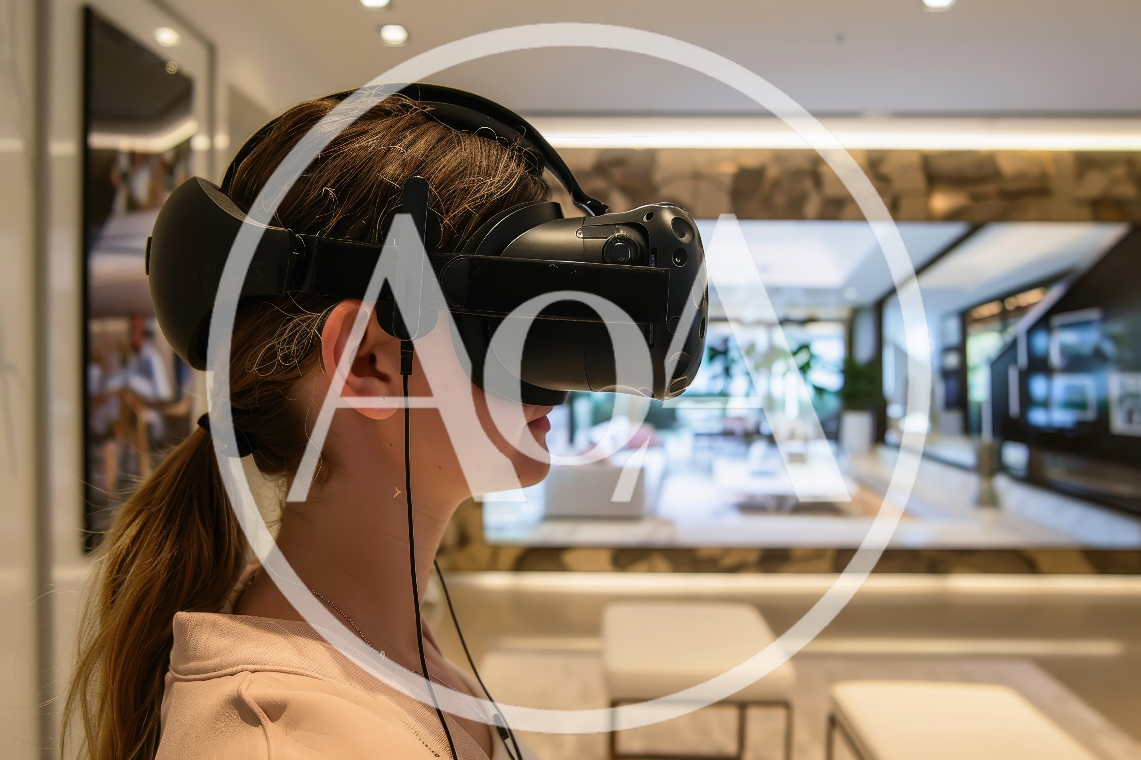 Young Woman Wearing Virtual Reality Headset In Modern Interior