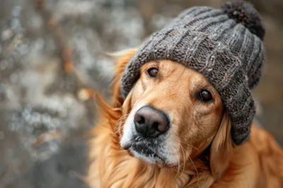 Golden Retriever Wearing A Knitted Winter Hat
