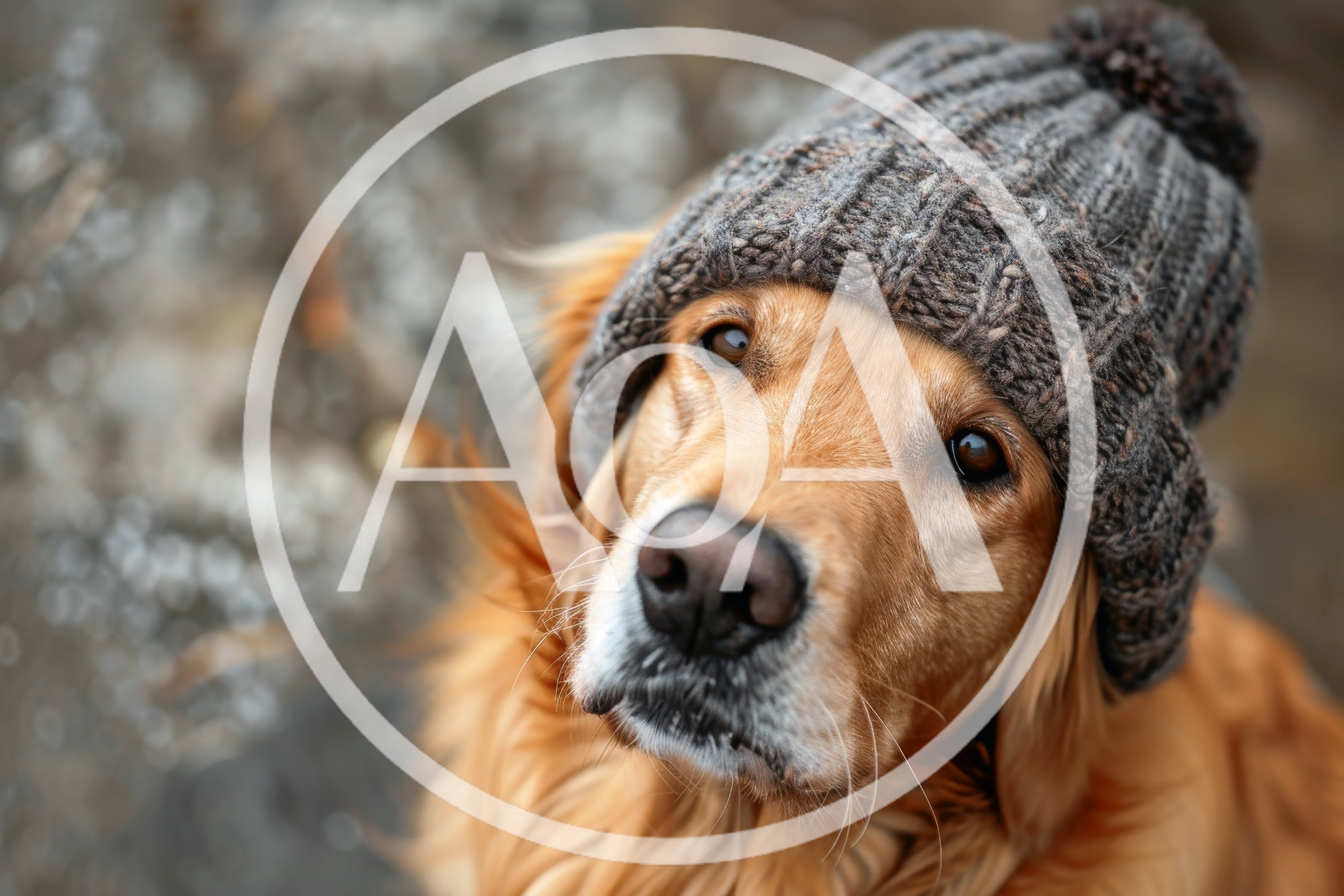 Golden Retriever Wearing A Knitted Winter Hat
