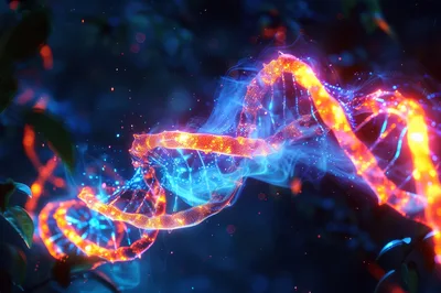 Glowing DNA Double Helix Structure In Abstract Space
