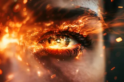 Close Up Of Human Eye With Fiery Sparks