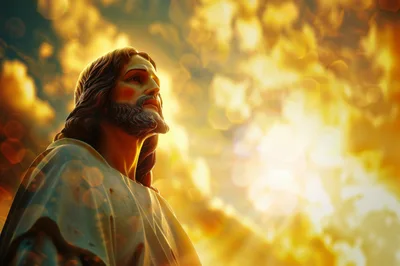 Statue Of Jesus Christ Looking Upward With Golden Bokeh