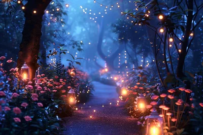 Enchanted Forest Path With Glowing Lanterns And Fairy Lights