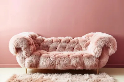 Pink Faux Fur Tufted Sofa Against A Pink Wall