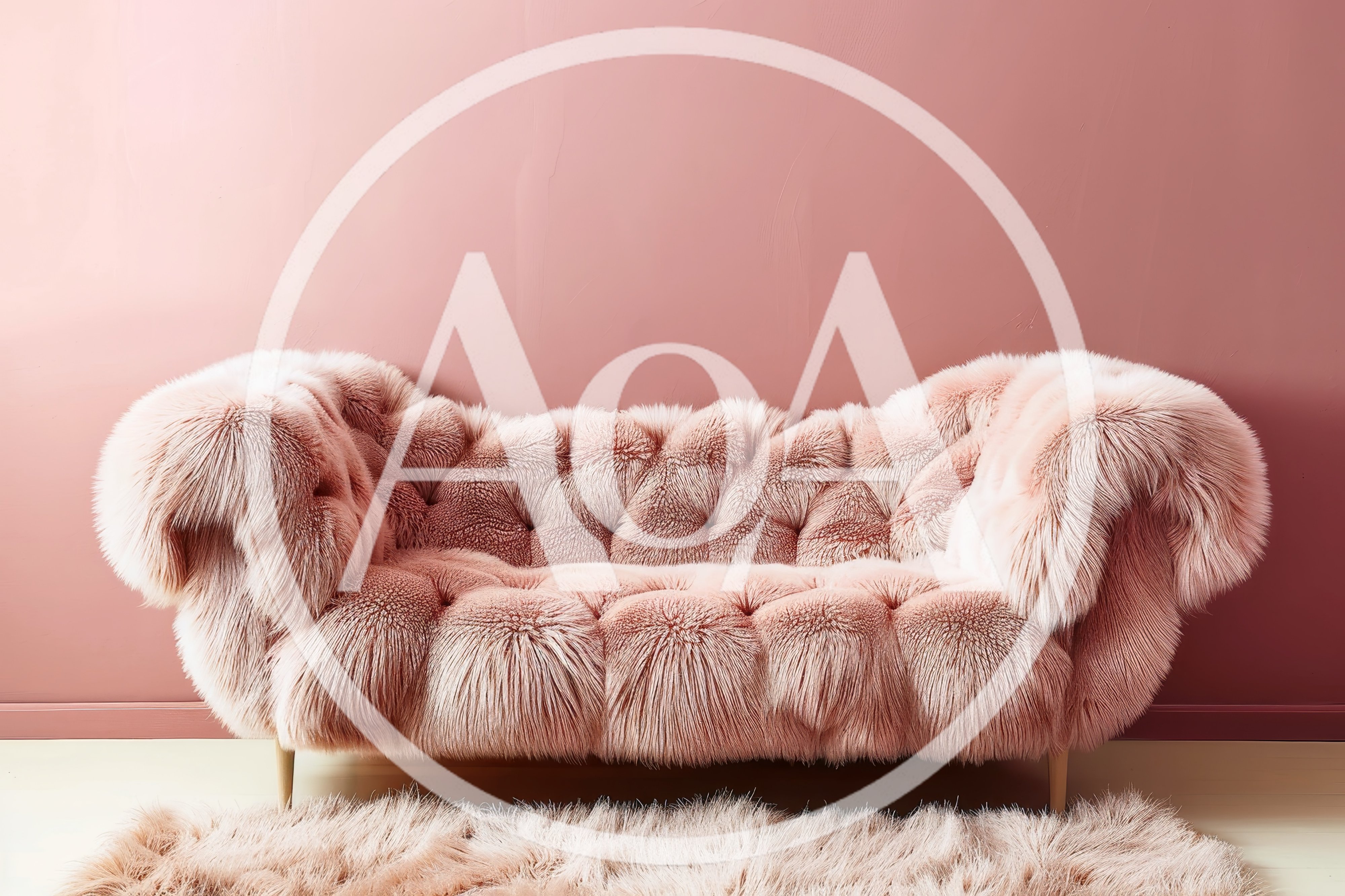 Pink Faux Fur Tufted Sofa Against A Pink Wall