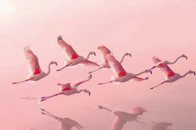 Flock Of Flamingos Flying Over Pink Water