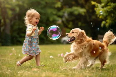 Toddler Girl Playing With Golden Retriever And Bubbles