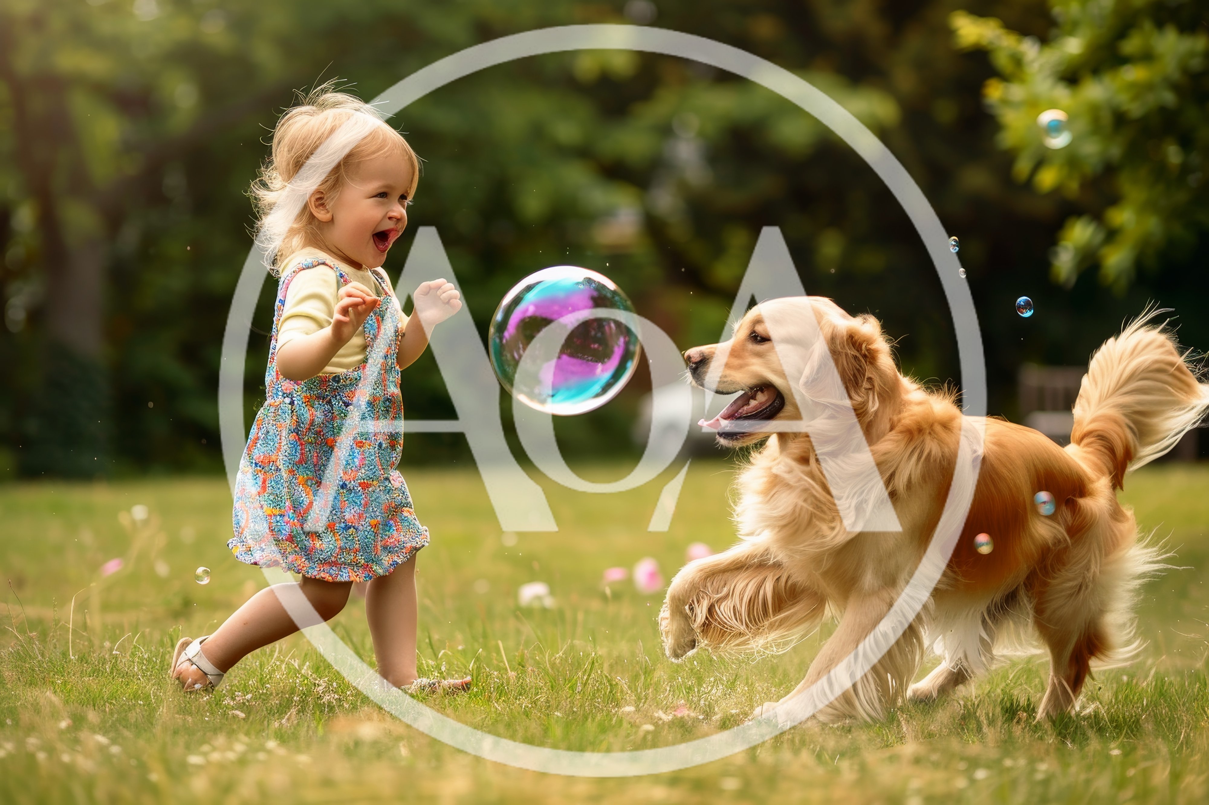 Toddler Girl Playing With Golden Retriever And Bubbles