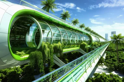 Futuristic Elevated Green Transit Tube In Tropical City