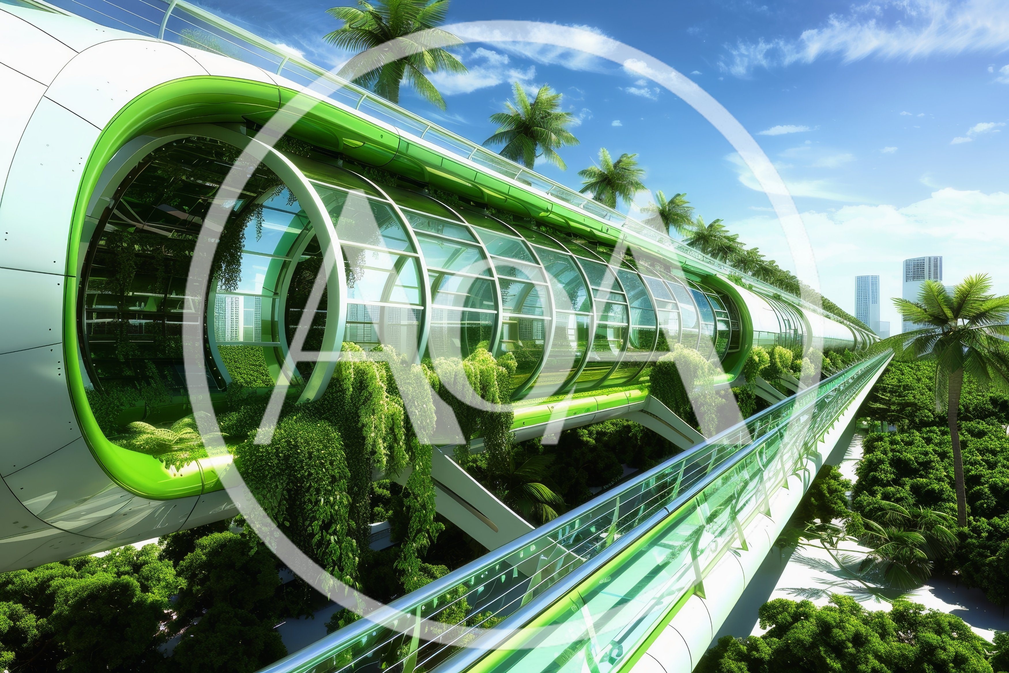 Futuristic Elevated Green Transit Tube In Tropical City