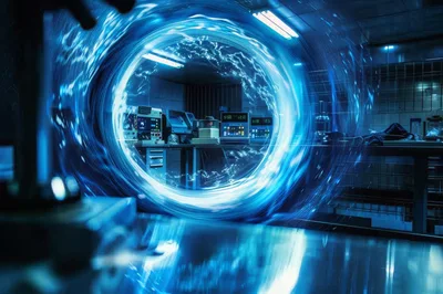 Futuristic Laboratory Portal With Glowing Blue Energy Vortex