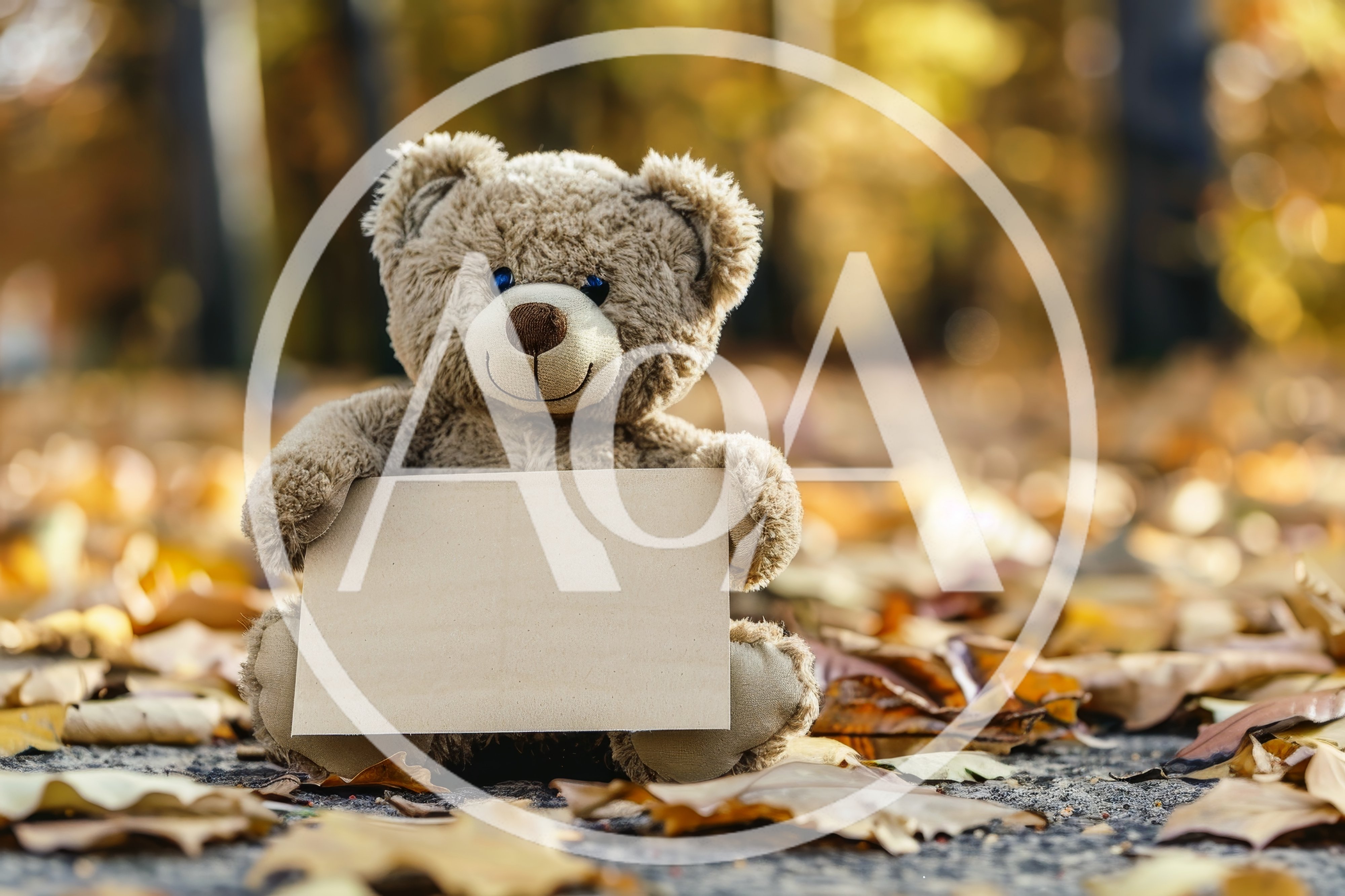 Teddy Bear Holding Blank Sign In Autumn Leaves