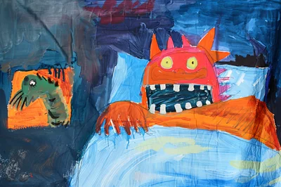 Child Drawing Of A Red Monster In Bed