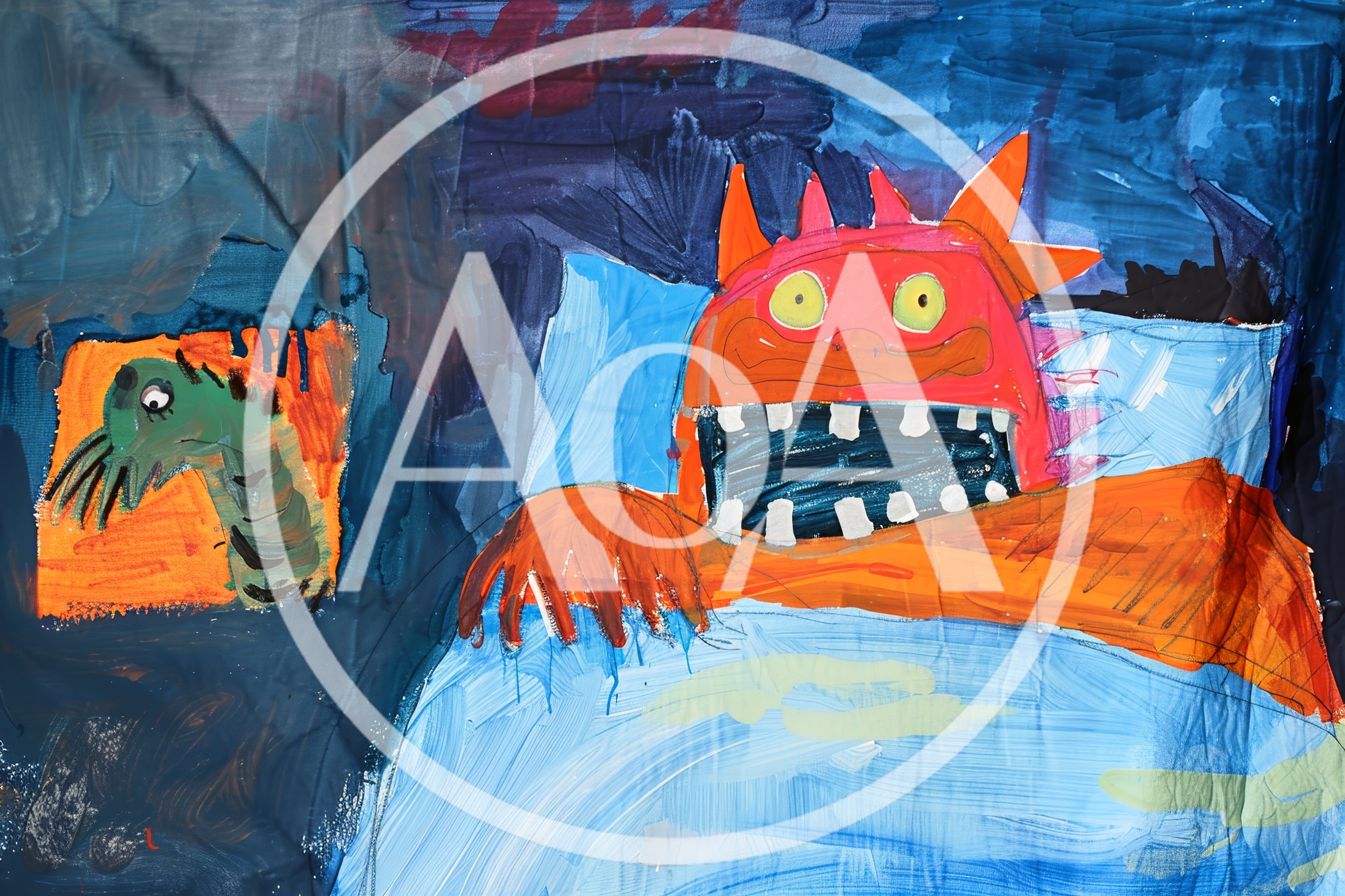Child Drawing Of A Red Monster In Bed