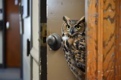Great Horned Owl Peeking Through An Open Door