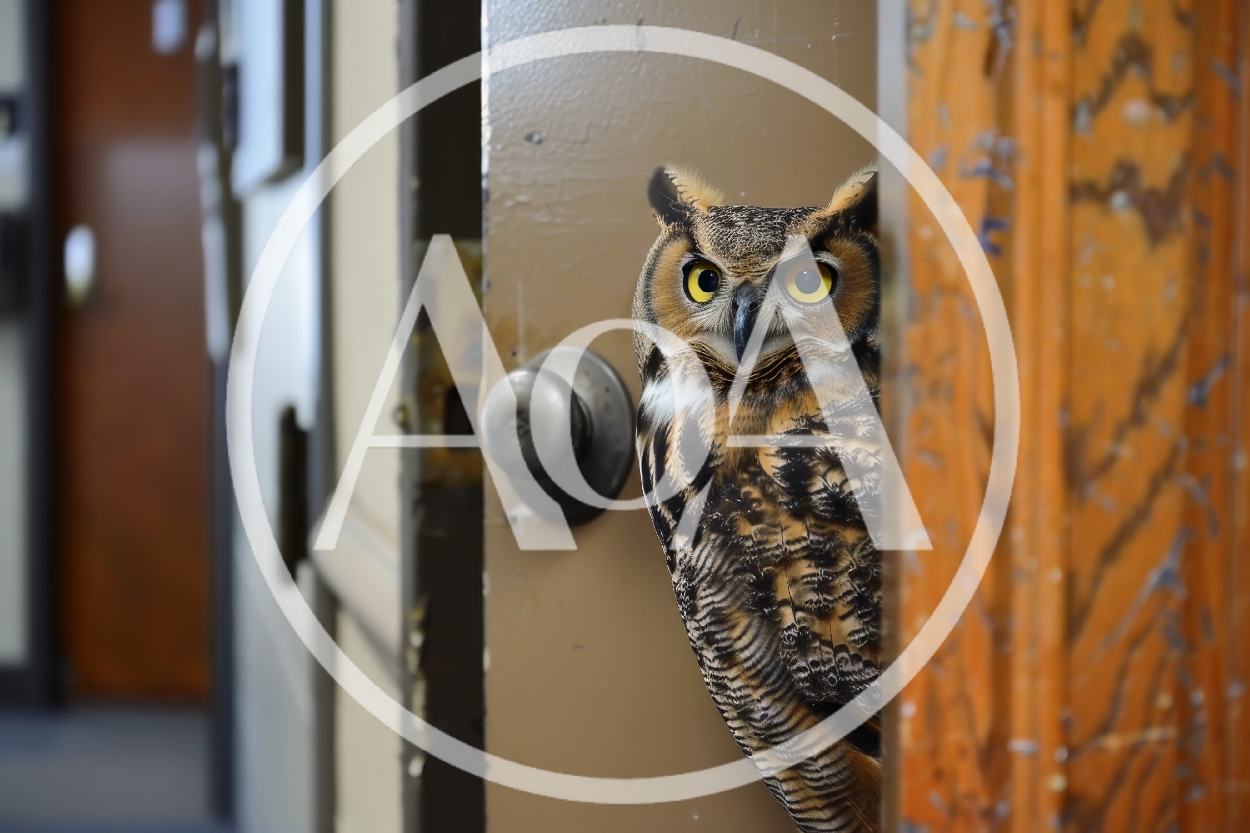 Great Horned Owl Peeking Through An Open Door