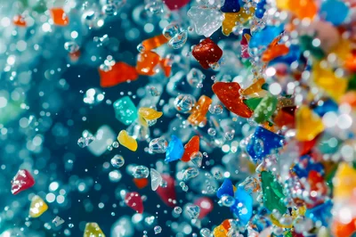 Colorful Glass Fragments Floating In Water With Bubbles