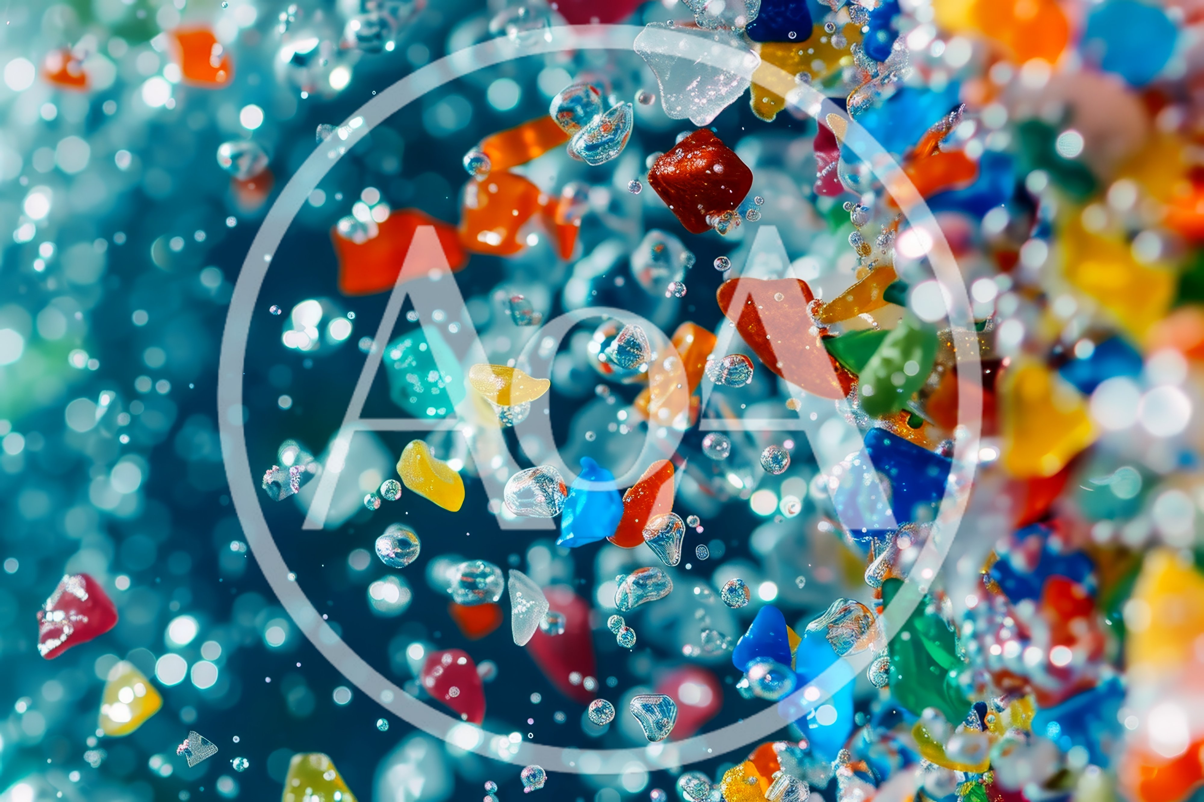 Colorful Glass Fragments Floating In Water With Bubbles