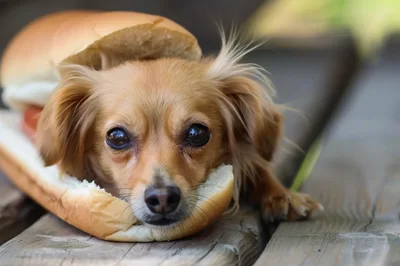 Small Dog Resting Inside A Hot Dog Bun