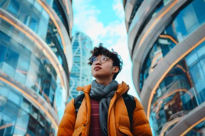 Young Asian Man Looking Up At Modern Architecture