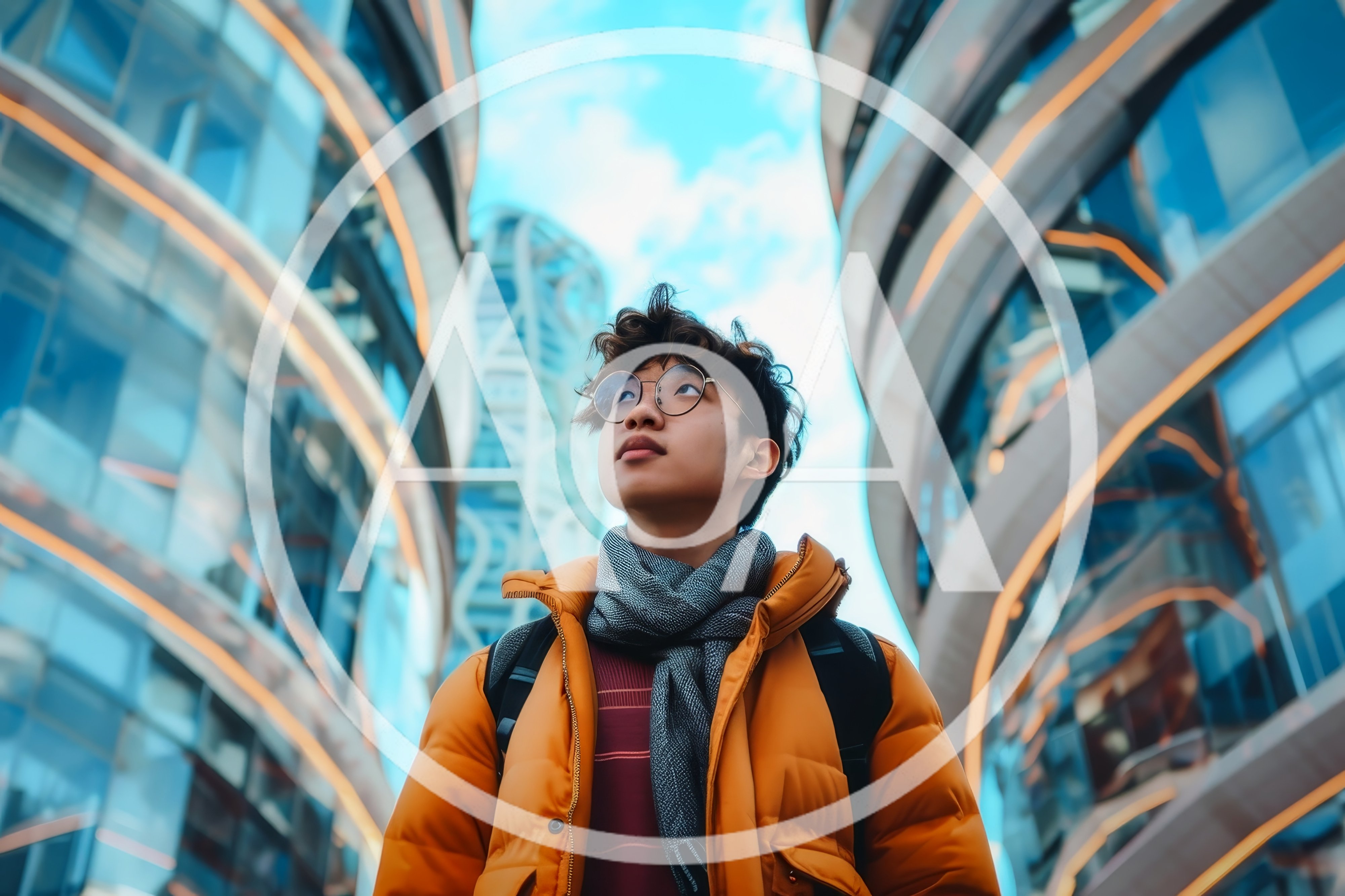 Young Asian Man Looking Up At Modern Architecture