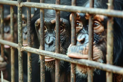 Group Of Chimpanzees Behind Metal Cage Bars