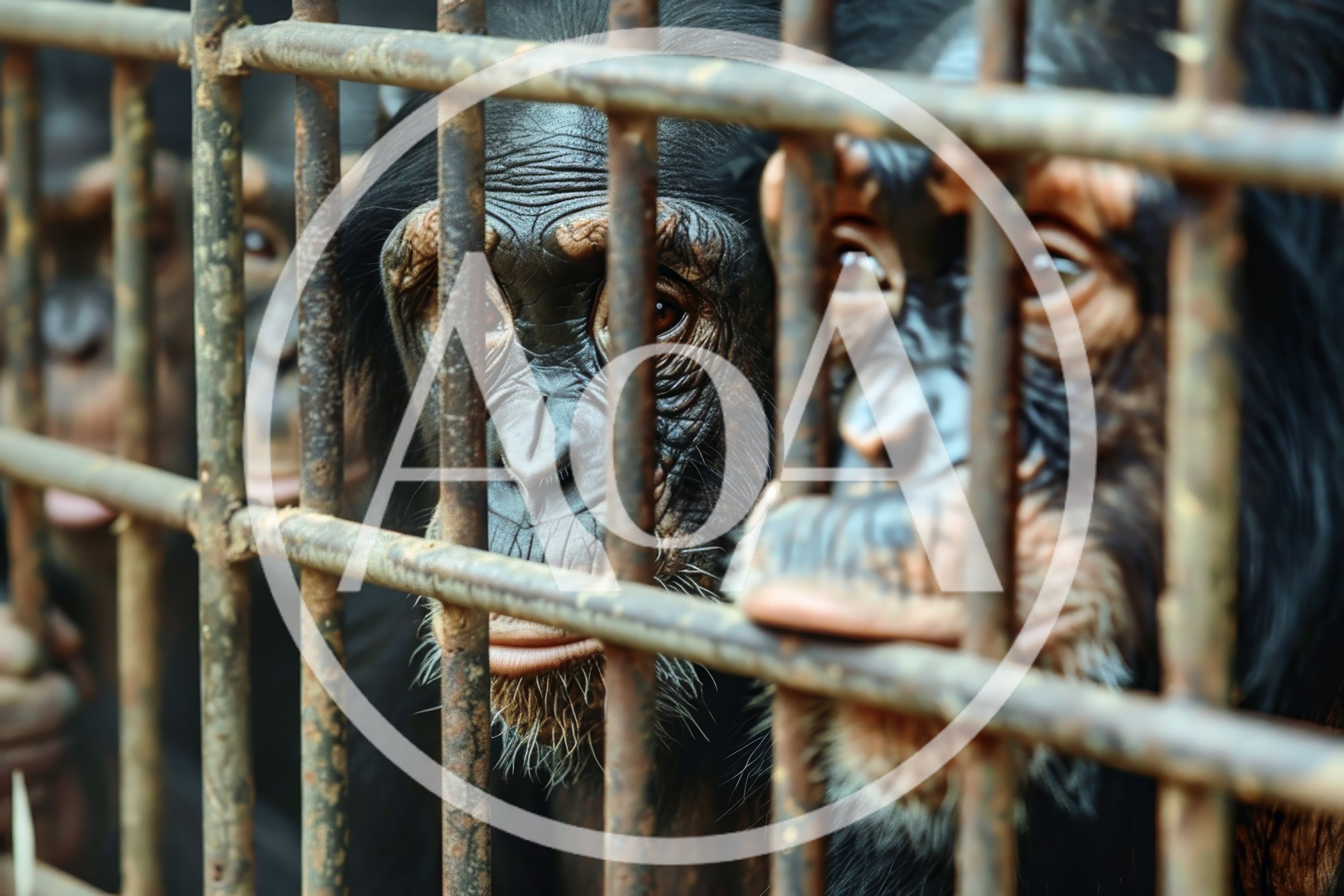 Group Of Chimpanzees Behind Metal Cage Bars