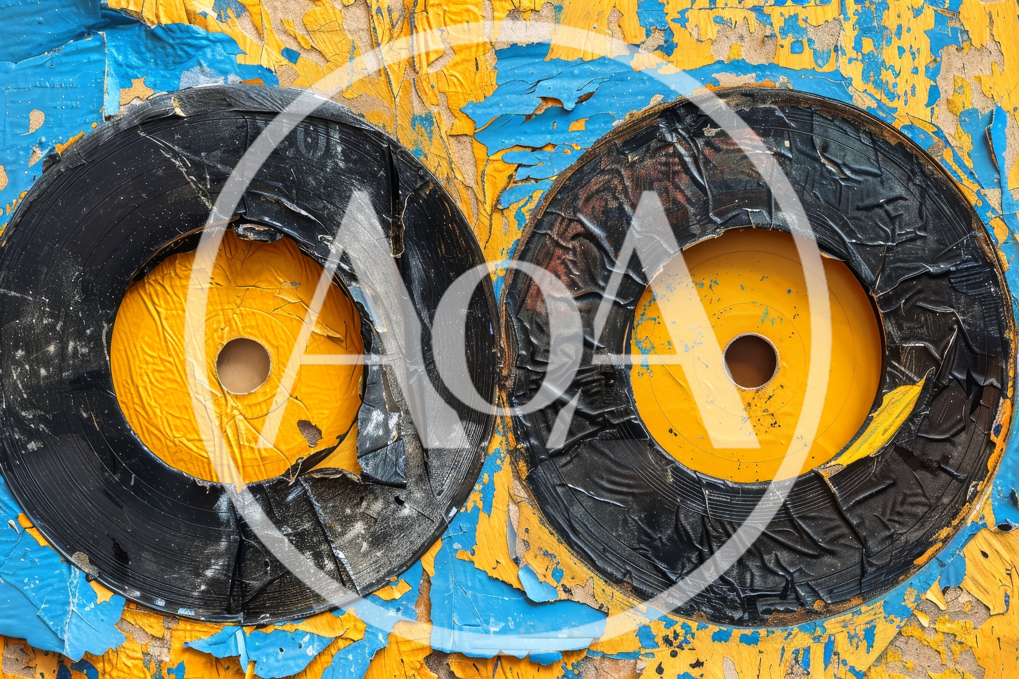 Two Damaged Vinyl Records On A Peeling Painted Wall
