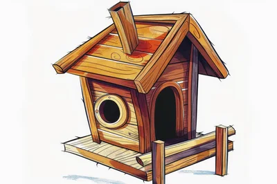Cartoon Wooden Birdhouse With Chimney And Porch