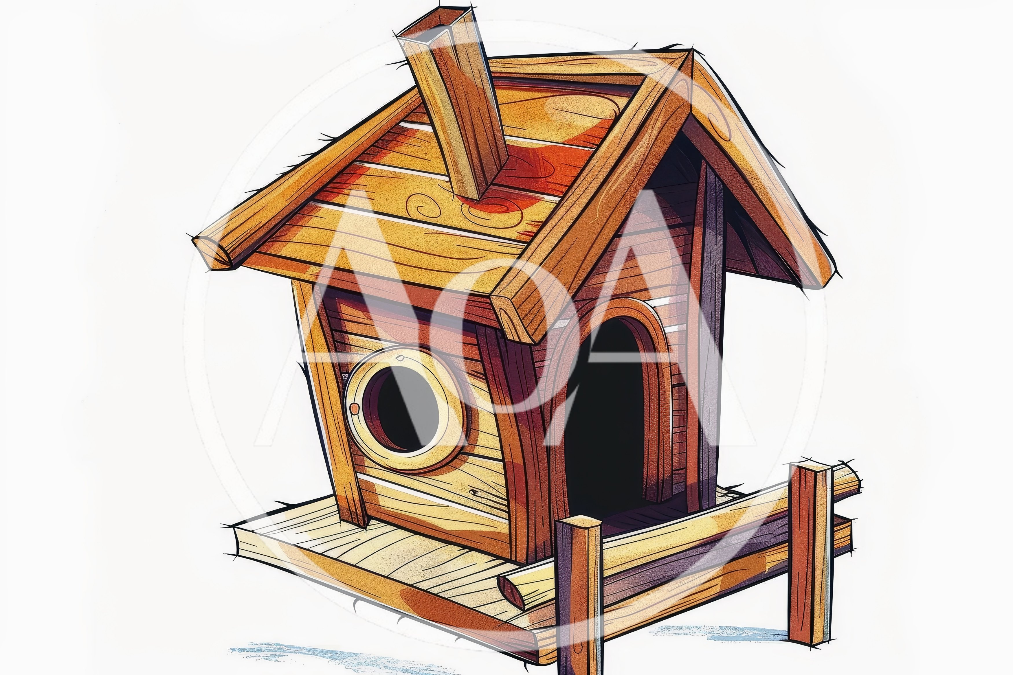 Cartoon Wooden Birdhouse With Chimney And Porch