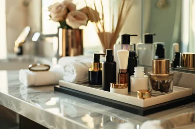 Luxury Skincare Products Arranged On A Marble Vanity