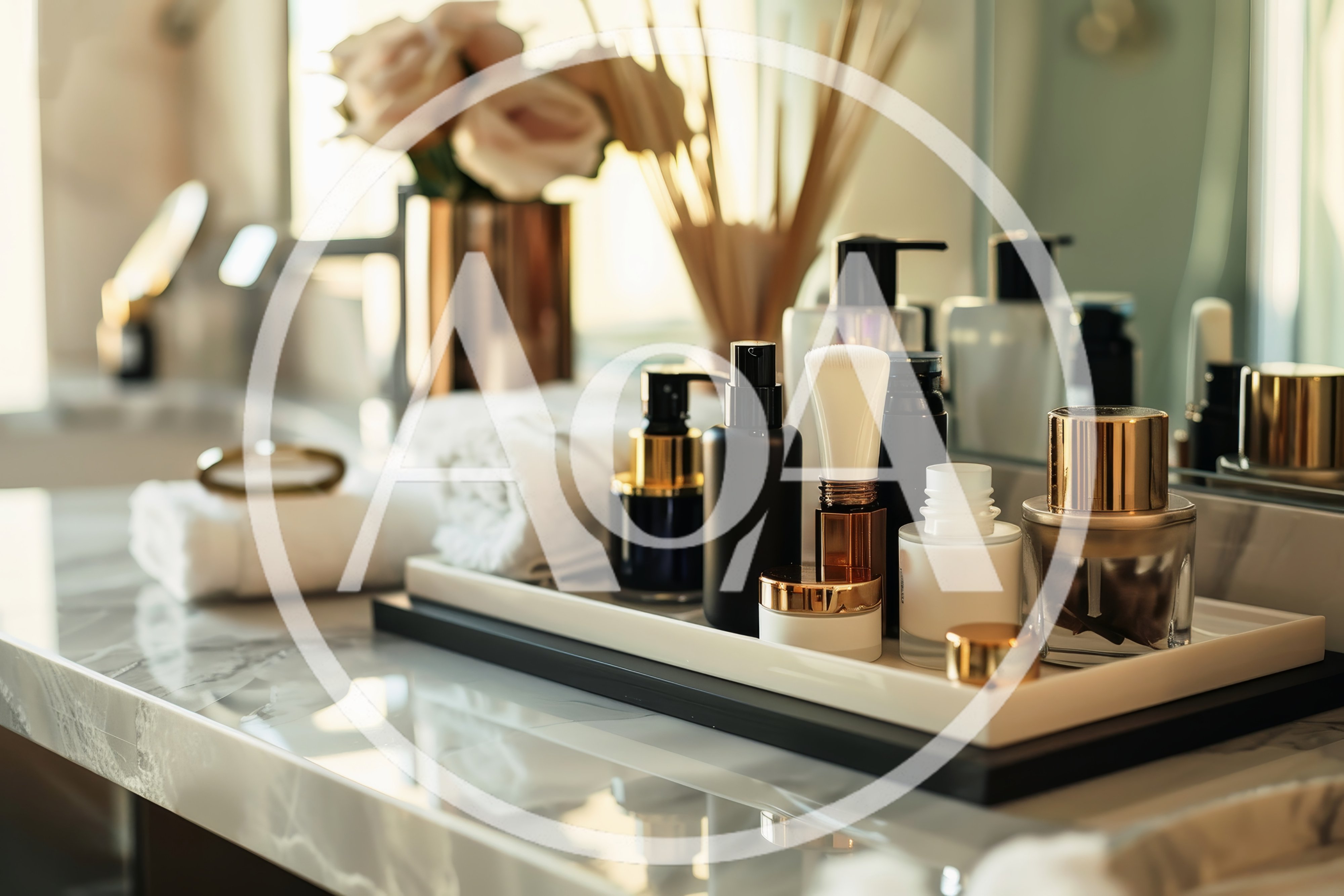 Luxury Skincare Products Arranged On A Marble Vanity