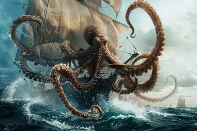 Giant Kraken Attacking A Sailing Ship At Sea