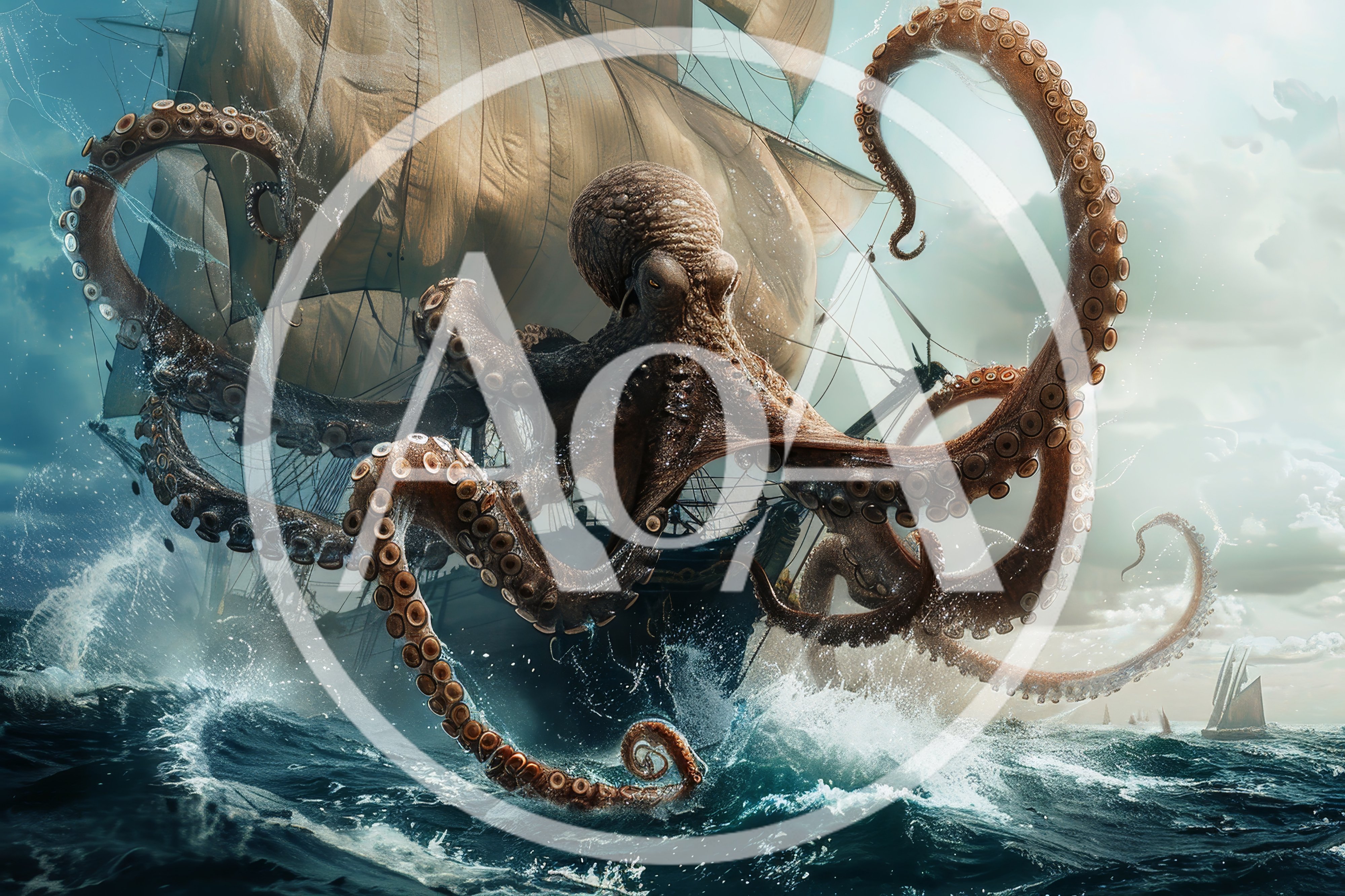 Giant Kraken Attacking A Sailing Ship At Sea