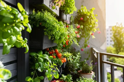 Vertical Balcony Garden With Fresh Herbs And Tomatoes