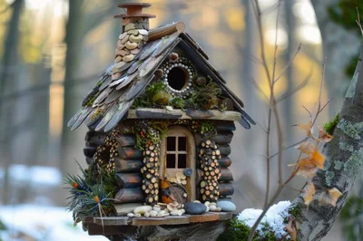 Whimsical Miniature Fairy House Birdhouse in Winter Forest