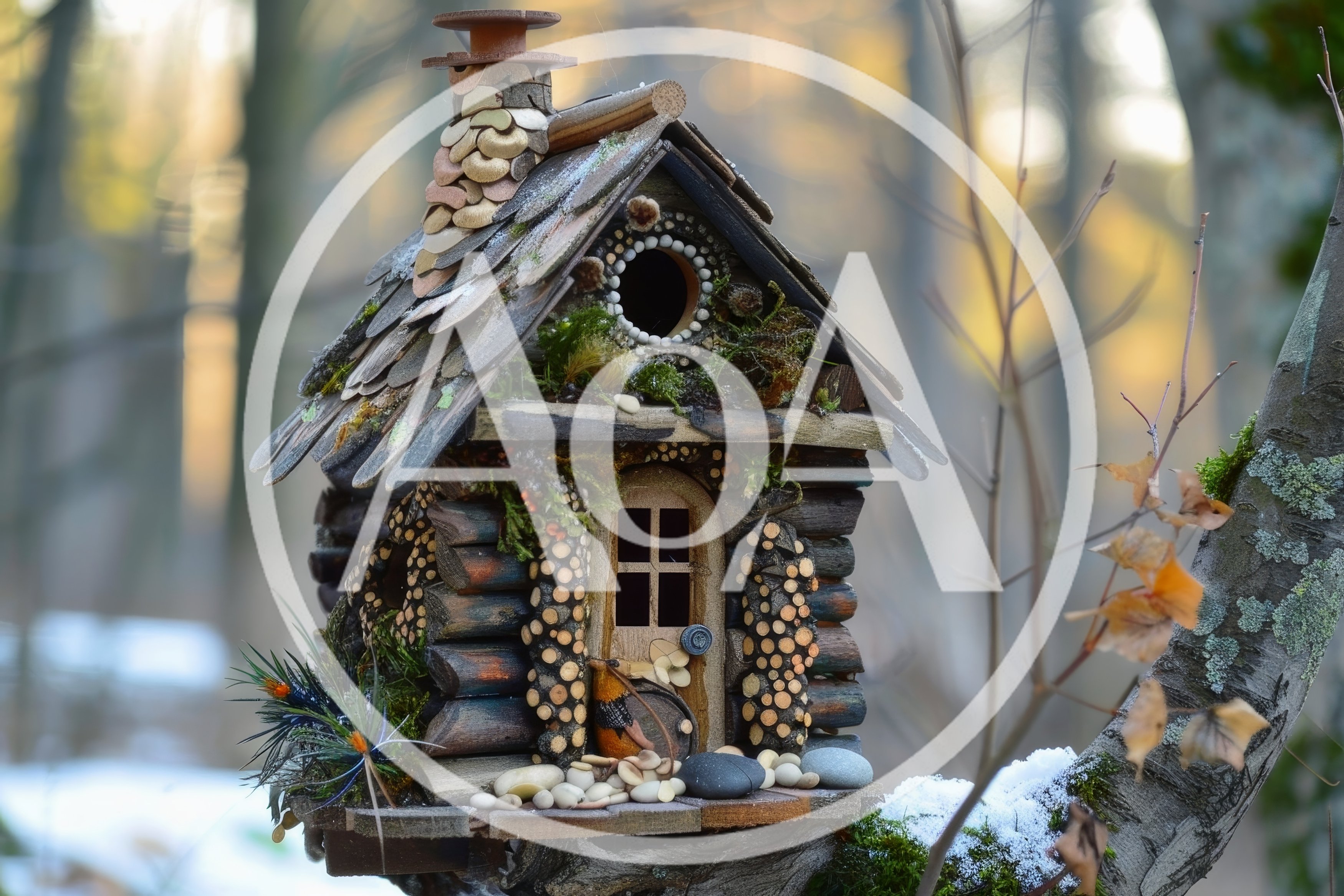 Whimsical Miniature Fairy House Birdhouse in Winter Forest