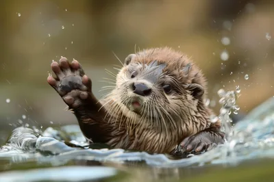 Cute Baby Otter Waving From Water