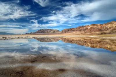 Reflective Salt Flats and Mountains in Death Valley