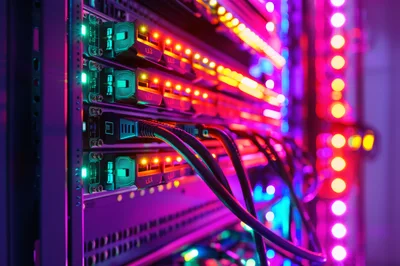 High Speed Server Rack With Glowing Network Cables